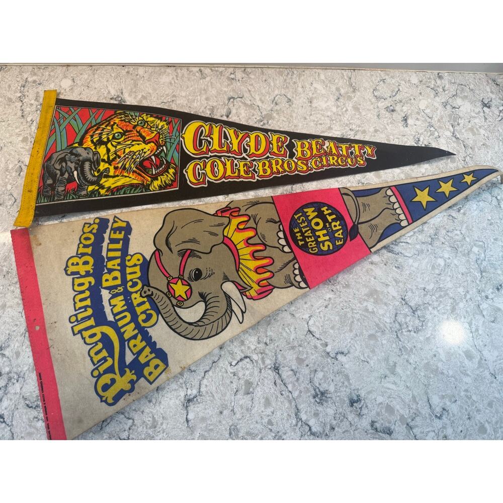 Two Vintage Ringling Bros. Barnum & Bailey & Clyde Beatty Circus Pennants JL